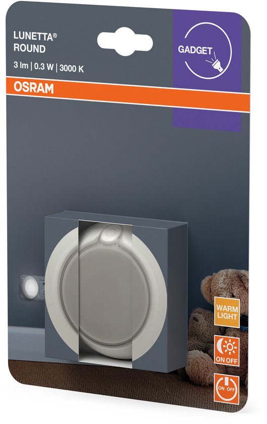 OSRAM LUNETTA Ronde nachtlamp wit met sensor; LED-technologie; 3 lm lichtstroom; 3000 K warmwit; aan/uit schakelaar; stopcontact installatie