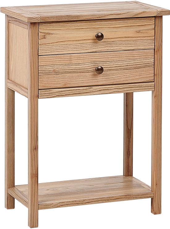 Houten consoletafel met twee lades en een open vak, staand op vier slanke poten. De kast is licht van kleur.