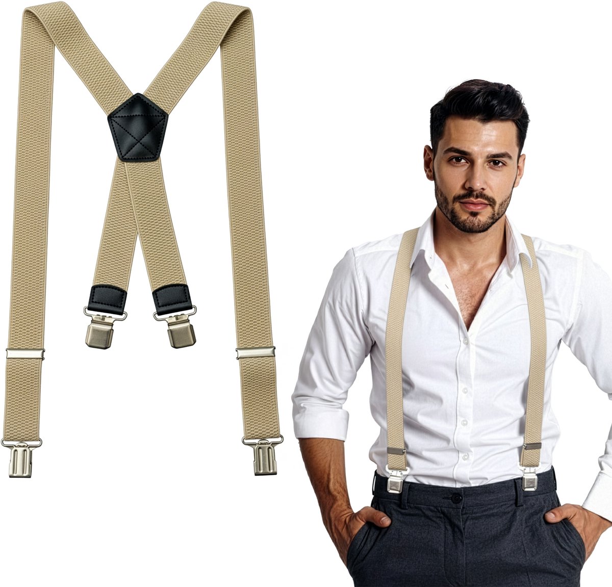 DIVERZA Bretels Heren Volwassenen – Bretels met stevige brede clips – 4 clips – Bretels Elastisch – Créme