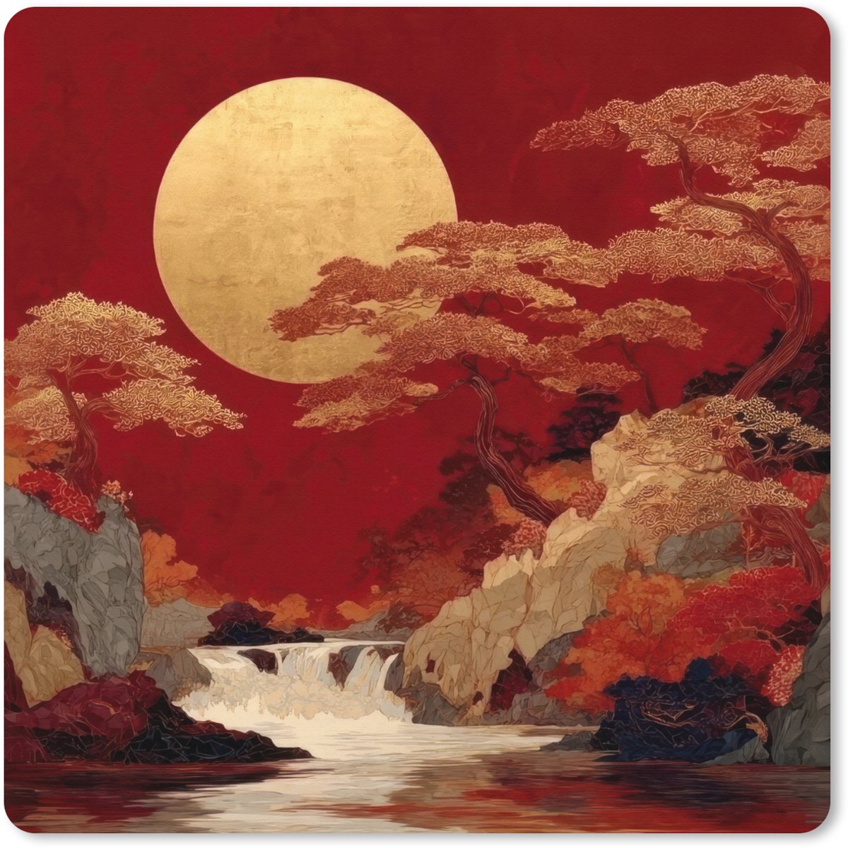 Muismat XXL 60x60 cm - Bureau onderlegger - Bureau mat Volle maan - Landschap - Waterval - Bureaumat - Gaming mousepad xl - Bureaulegger groot - Computer deskmat