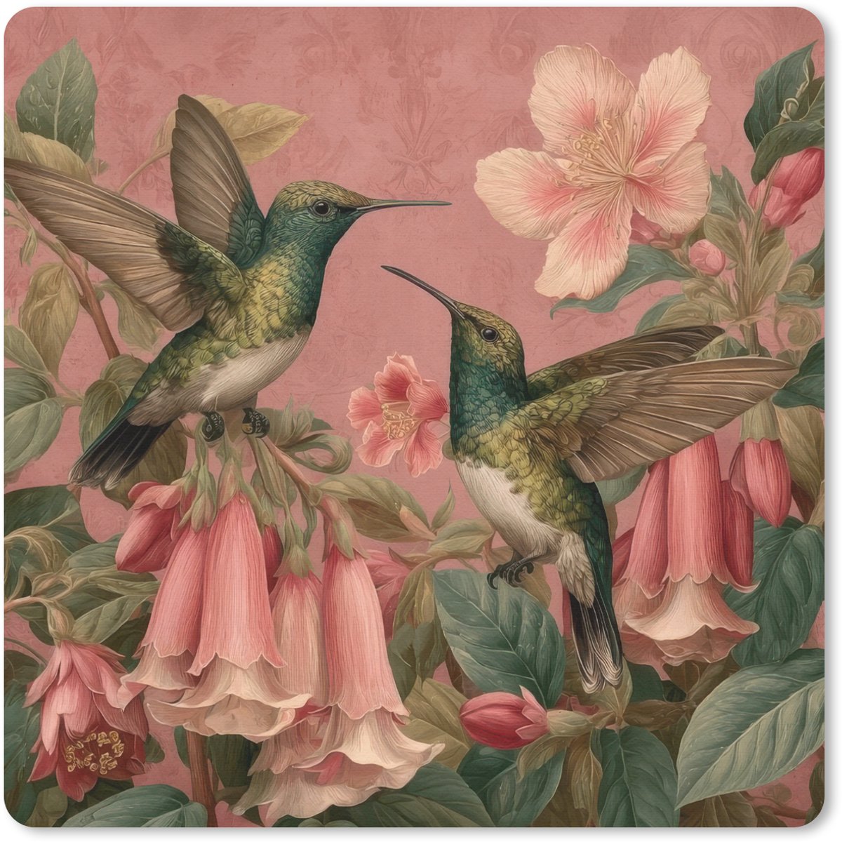 Muismat 20x20 cm - Mousepad Kolibries - Bloemen - Groen - Roze - Muismatten