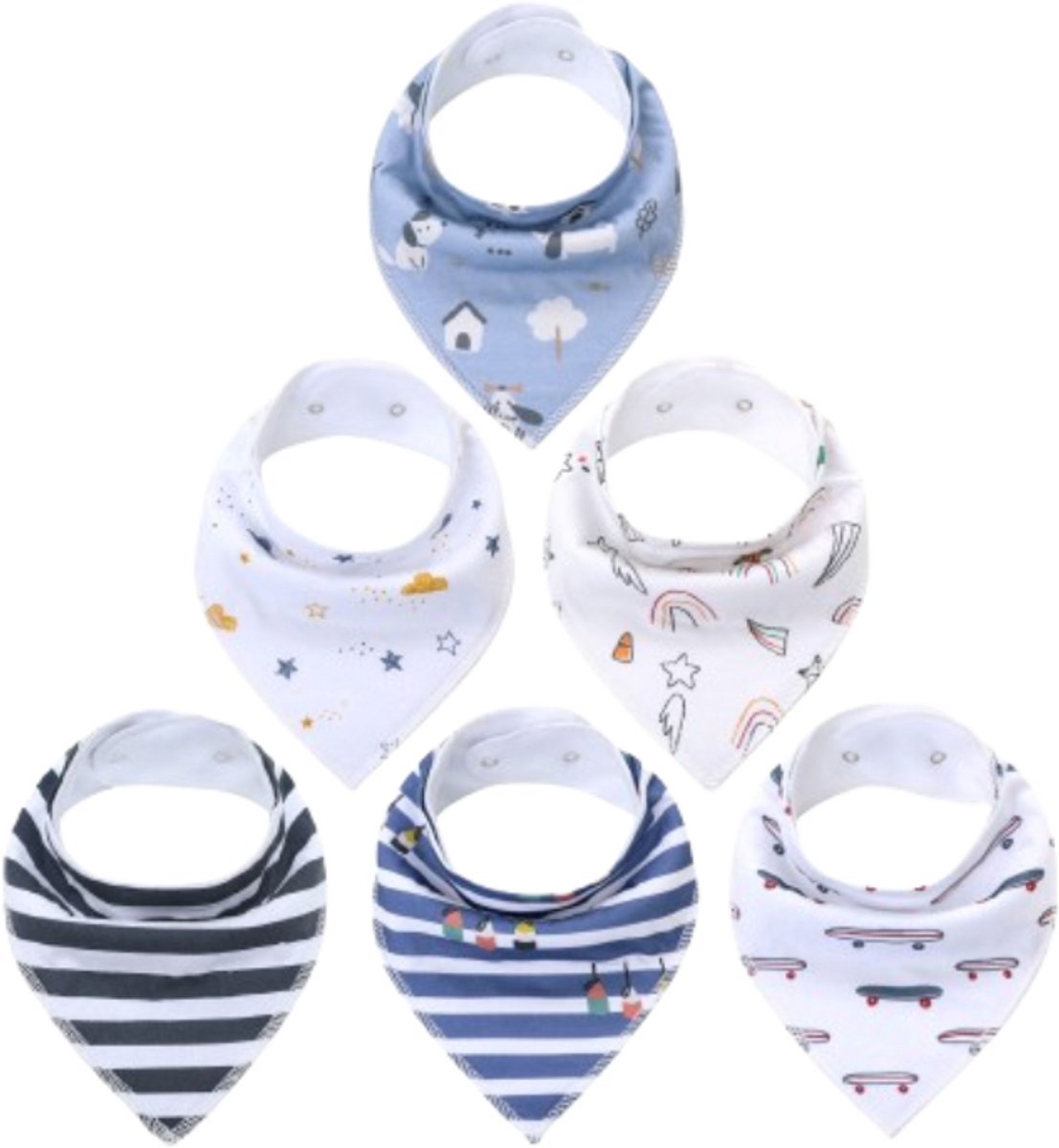 Set 6 stuks Bandana Baby Slabbetjes - Strepen - Skateboard - waterproof met Fleece laag –Bad jongens meisjes - puntslabbetjes - kwijlslabbetjes