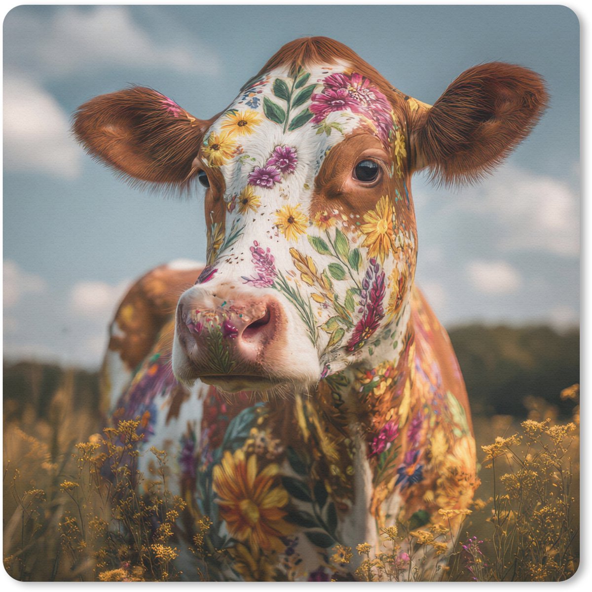 Muismat 20x20 cm - Mousepad Koe - Bloemen - Weiland - Muismatten