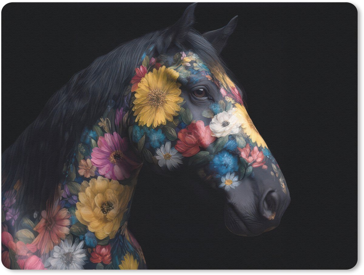 Muismat 23x19 cm - Mousepad Paard - Bloemen - Zwart - Muismatten