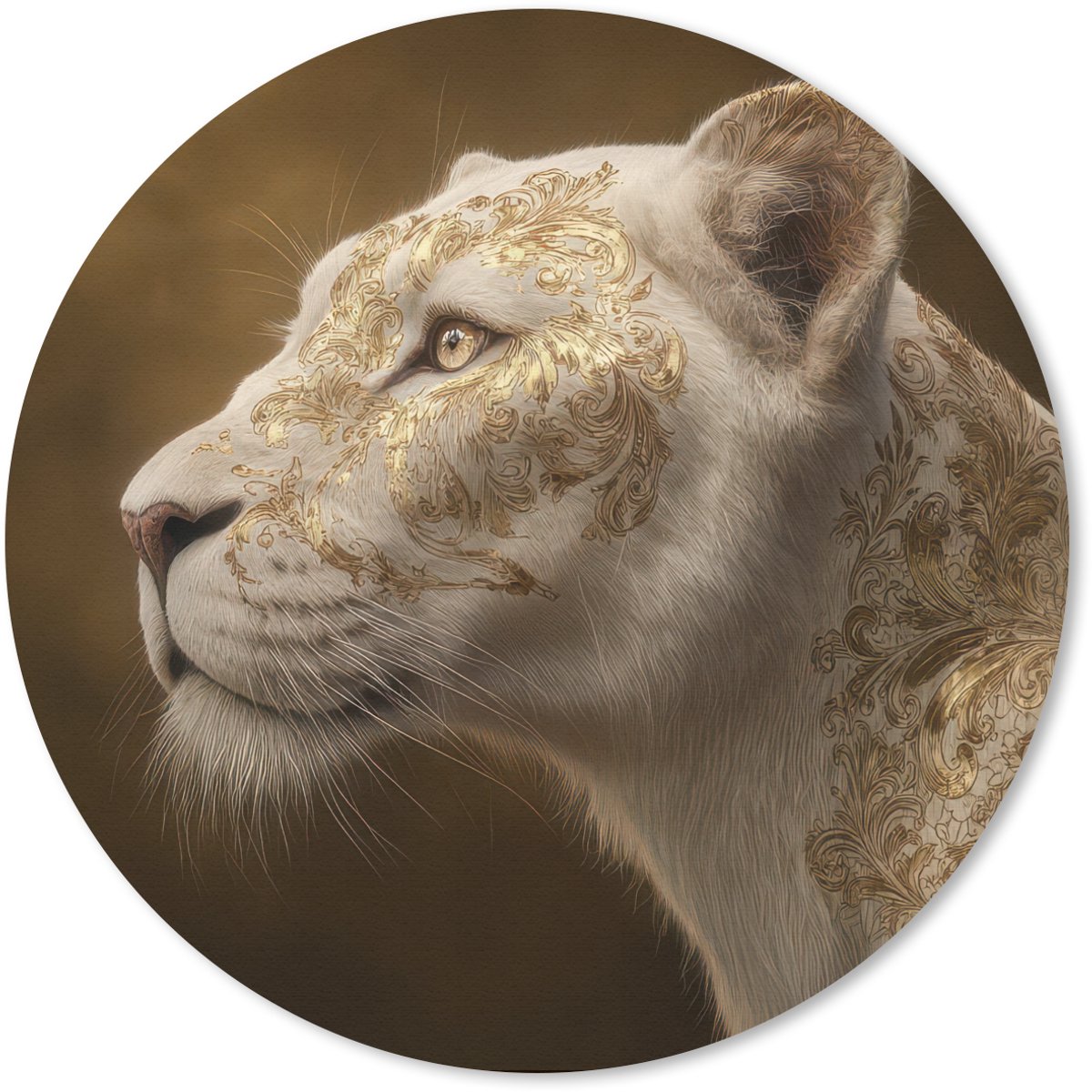 Muismat rond 30x30 cm - Mousepad Leeuwin - Bloemen - Wit - Goud - Ronde muismatten