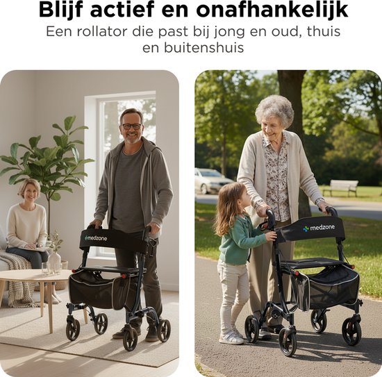 Links een man met rollator in huis, rechts een oudere vrouw met kind op pad met rollator.