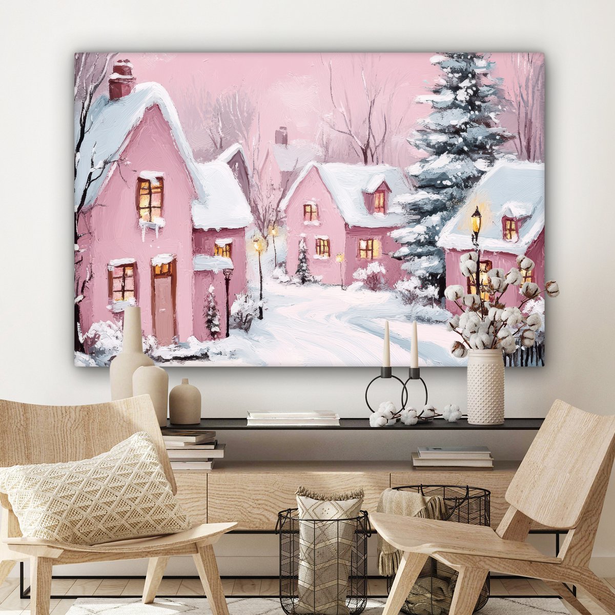 Canvas schilderij 140x90 cm - Wanddecoratie Kerstdorp - Roze - Winter - Sneeuw - Huizen - Muurdecoratie woonkamer - Slaapkamer decoratie - Kamer accessoires - Schilderijen op canvas - Kerstdecoratie voor binnen - Kerstversiering - Kerstmis versiering – foto 7