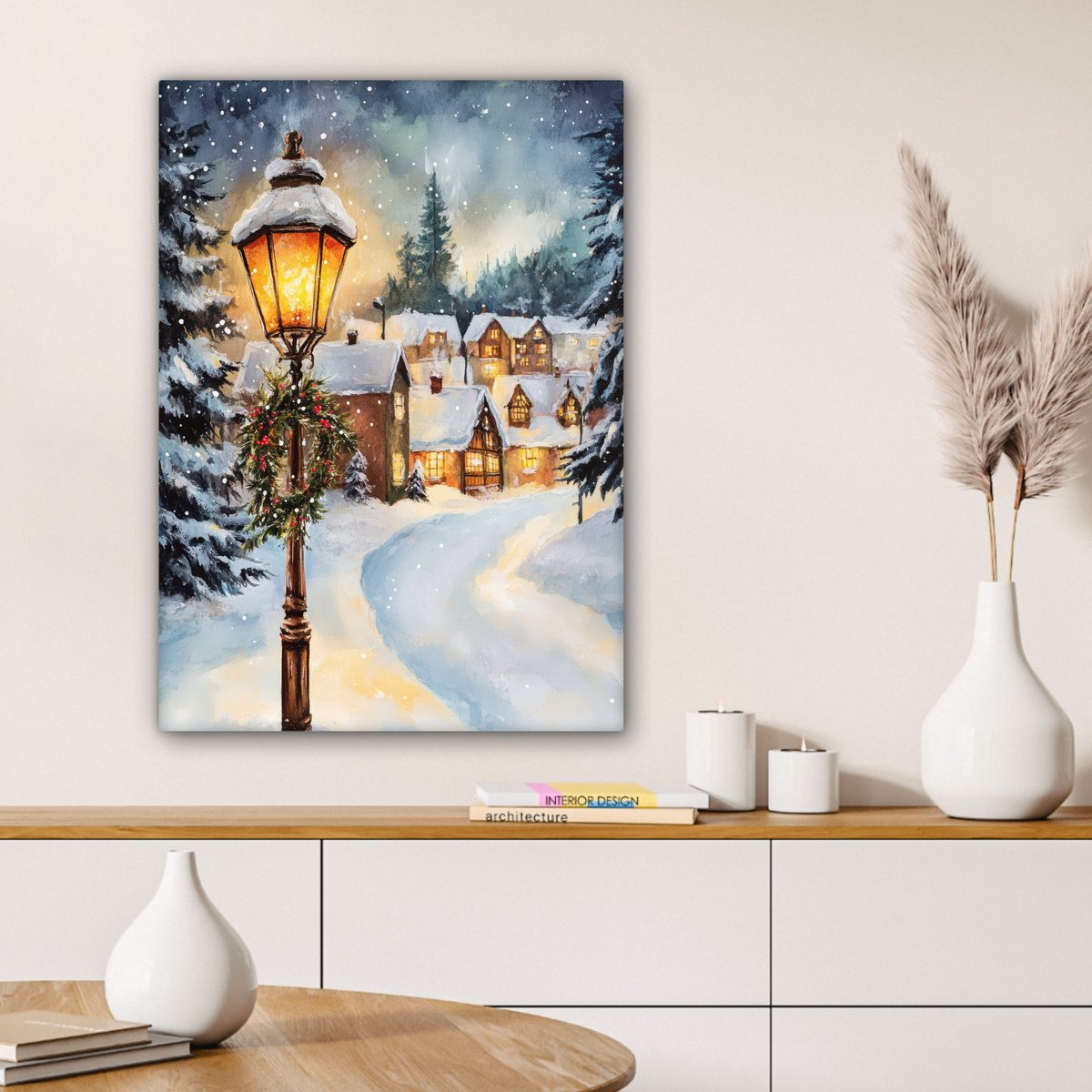 Canvas schilderij 60x80 cm - Wanddecoratie Kerstdorp - Huizen - Sneeuw - Kerst - Muurdecoratie woonkamer - Slaapkamer decoratie - Kamer accessoires - Schilderijen op canvas - Kerstdecoratie voor binnen - Kerstversiering - Kerstmis versiering – foto 2