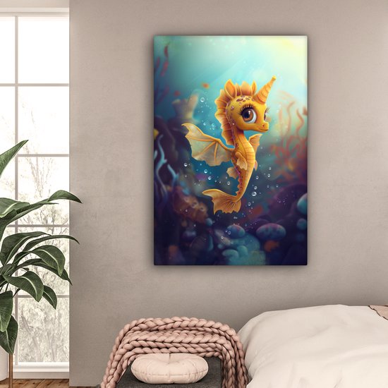 Tableau sur toile 80x120 cm - Décoration murale chambre d'enfant Hippocampe - Sous-marin - Animaux aquatiques - Océan - Décoration murale chambre bébé - Décoration chambre garçon et fille - Accessoires Bébé - Peintures