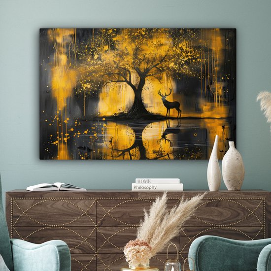 Peinture sur toile 150x100 cm - Décoration murale Arbre - Aspect peinture - Cerf - Nature - Or - Décoration murale murale salon - Décoration chambre - Accessoires de chambre - Peintures