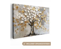 Canvas schilderij 120x80 cm - Wanddecoratie Boom - Beige - Grijs - Goud - Abstract - Muurdecoratie woonkamer - Slaapkamer decoratie - Kamer accessoires - Schilderijen op canvas
