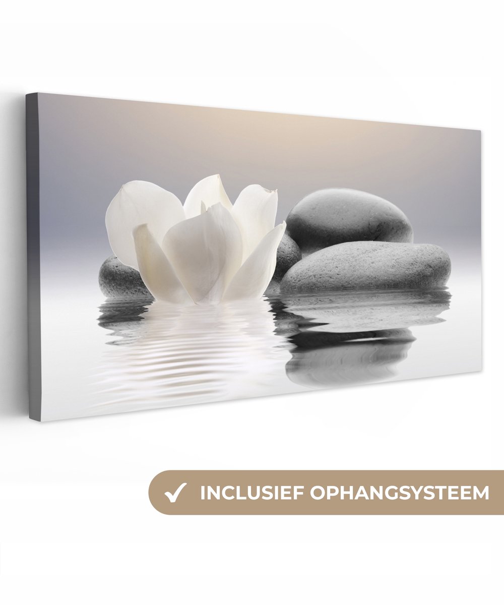 Canvas schilderij 100x50 cm - Wanddecoratie badkamer Stenen - Lotus - Wit - Water - Zen -