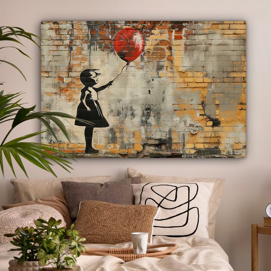 Peinture sur toile 120x80 cm - Décoration murale Graffiti - Style Banksy - Fille avec ballon - Décoration murale murale salon - Décoration chambre - Accessoires de chambre - Peintures
