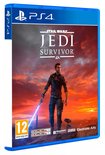 Playstation 4 speldoosje Star Wars Jedi: Survivor, 12+, met man en robot bij zonsondergang.