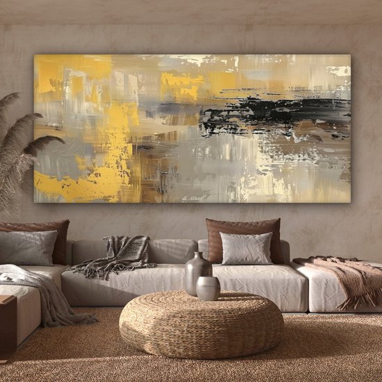 Tableau sur toile 200x100 cm - Décoration murale Abstraite - Jaune - Moderne - Beige - Décoration murale salon - Décoration chambre - Accessoires chambre - Peintures sur toile