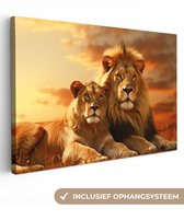 Peinture sur toile 120x80 cm - Lions - Tableaux de salon - Décoration murale animaux