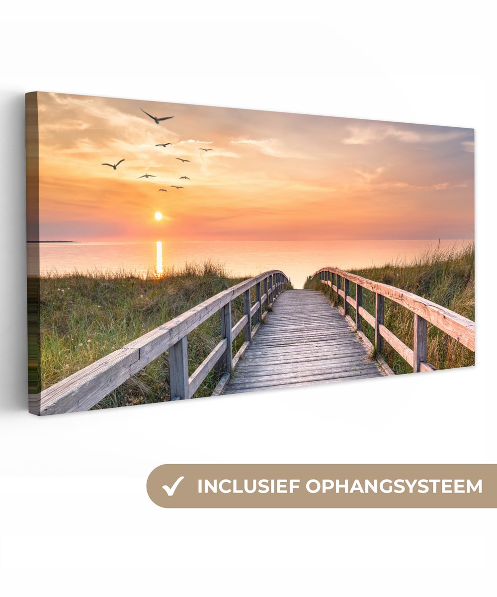 Canvas schilderij 160x80 cm - Wanddecoratie Zonsonderang - Zee - Pad - Gras - Duin - Vogels - Muurdecoratie woonkamer - Slaapkamer decoratie - Kamer accessoires - Schilderijen op canvas