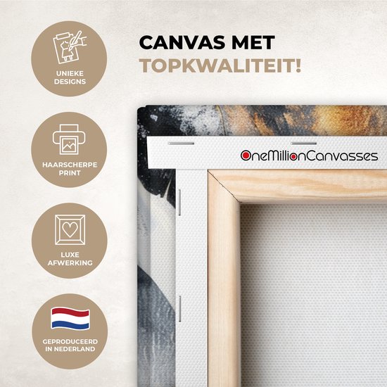 Detail van een canvasdoek met de tekst 'CANVAS MET TOPKWALITEIT!' en logo's: 'UNIEKE DESIGNS', 'HAARSCHERPE PRINT', 'LUXE AFWERKING', 'GEPRODUCEERD IN NEDERLAND'.