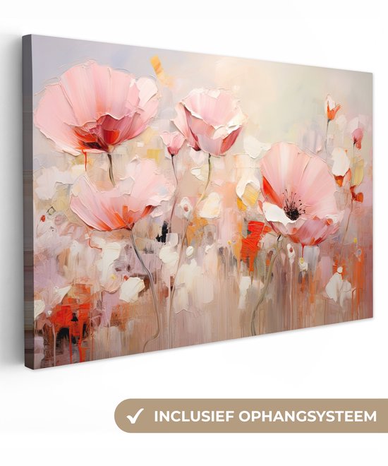 Canvas schilderij bloemen 120x80 cm - Abstracte kunst handgeschilderd - Huis decoratie woonkamer kleurrijk watercolor - Keuken muur schilderijen - Wanddecoratie roze accessoires - Kamer interieur decoraties - Wanddoek natuur botanisch