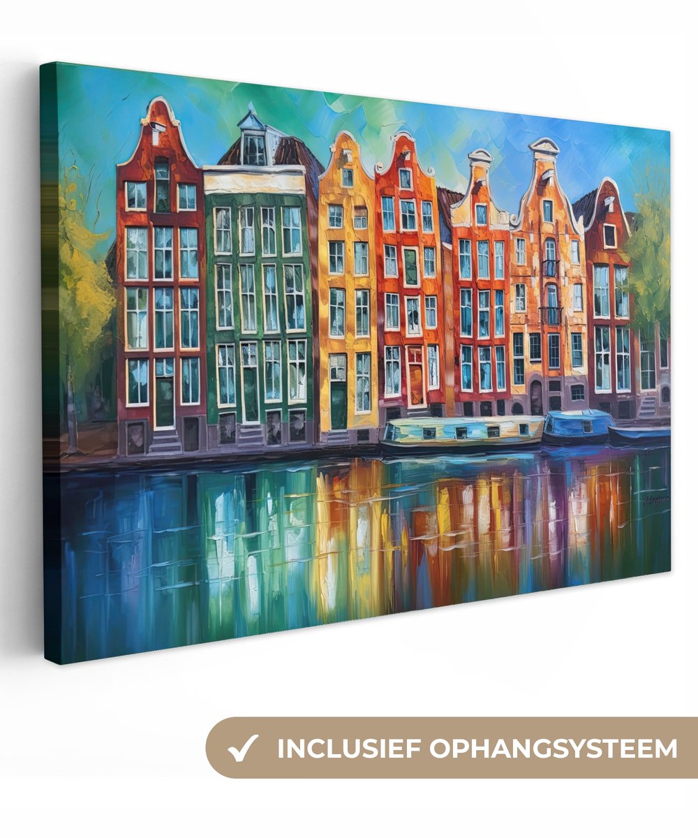 Canvas schilderij - Amsterdam - Olieverf - Kunst - Gracht - Architectuur - Canvasdoek - Schilderijen op canvas - Woonkamer decoratie - Slaapkamer - Kamer decoratie - Foto op canvas - 150x100 cm - Canvas doek