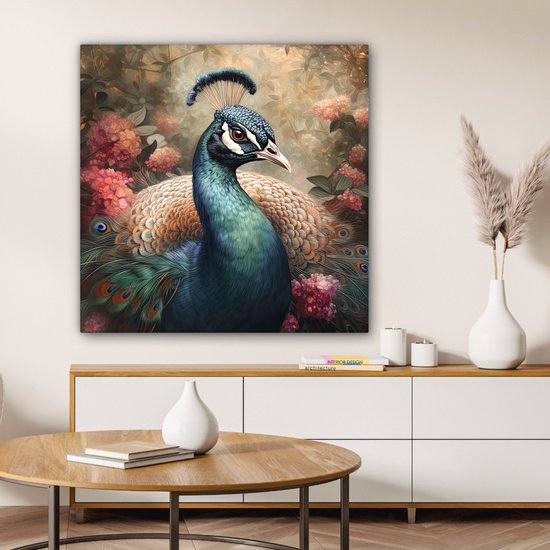 Tableau sur toile Paon - Vogel - Fleurs - Plantes - Plumes de Paon - 90x90 cm - Décoration murale
