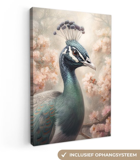 Tableau sur toile Paon - Vogels - Fleurs - Arbre - Botanique - 120x180 cm - Décoration murale XXL
