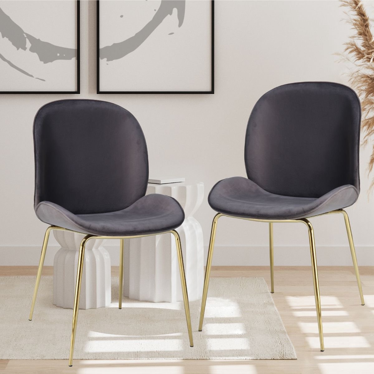 Floraya - Set 2 eetkamerstoelen Charlize - Grijs/Goud - Velours - 51x63x80cm (LxBxH) - Draagkracht 100KG