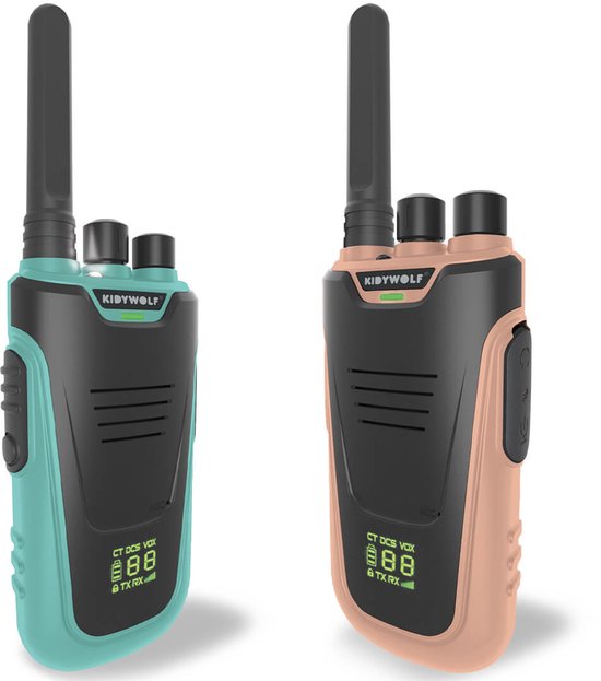 Deux talkies-walkies Kidytalk, un couleur cyan, un couleur nude, avec des détails noirs et un écran.