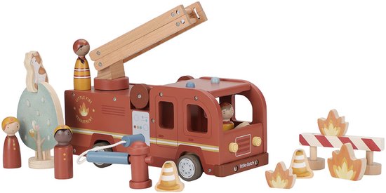 Houten brandweerwagen met ladder, poppetjes, boom, hydrant, vuurelementen en pionnen.