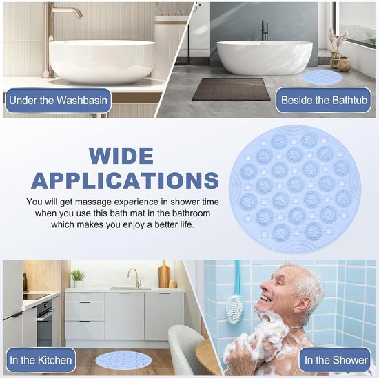Douchemat - Antislipmat - TPE - Badmat - met Zuignappen - met Afvoergaten - Rond - voor Douche, Badkamer, Badkuipen - 30CM - Blauw