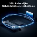 Illustratie van een woonkamer met een sofa, tv en geluidssysteem, omgeven door een blauwe gloed die 360° ruimtelijke geluidstechnologie symboliseert.