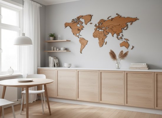 Foto: Houten wereldkaart groot premium duurzaam hout warme kleur landkaart 170 x 85 cm wanddecoratie muurdecoratie design