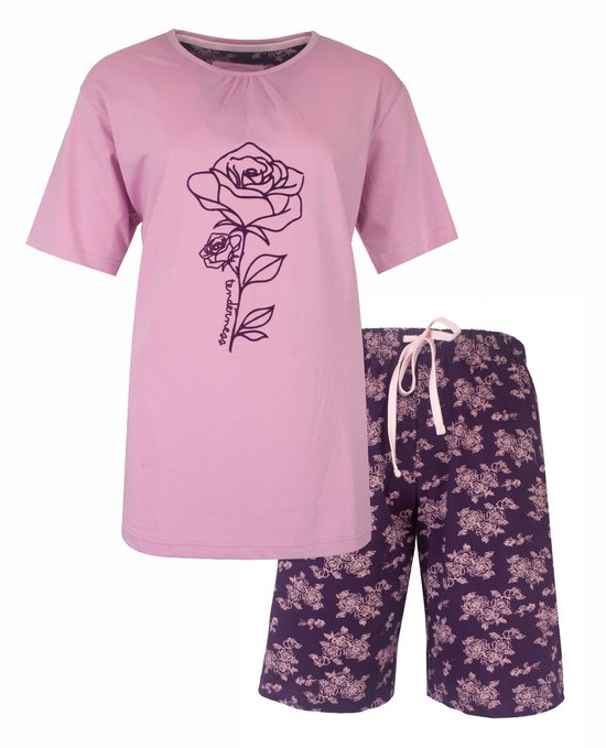 Tenderness Dames Shortama - Pyjama Set - Roos Print - Lila - Maat XL