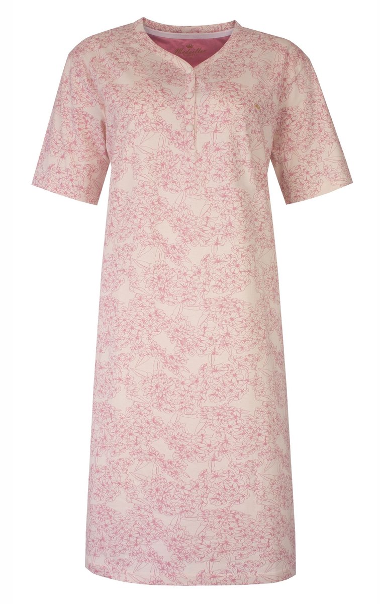 Medaillon Dames Nachthemd - Bloemenprint - Knoopjes - Roze