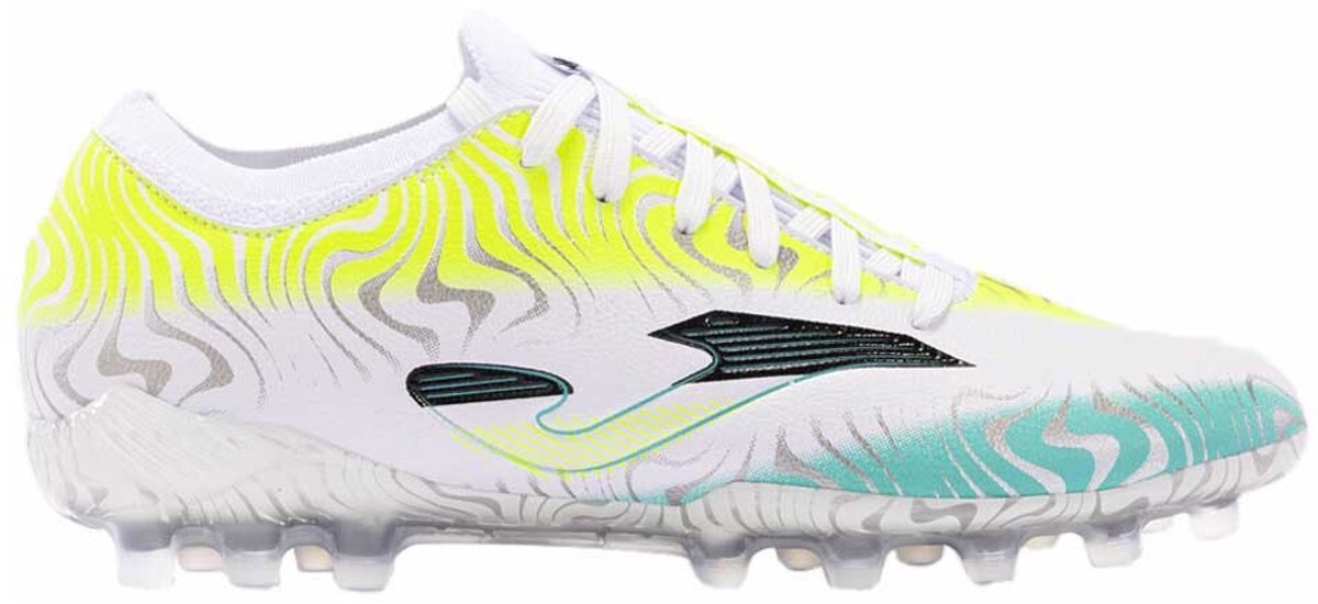 Joma Evolution Cup AG voetbalschoenen in wit met gele en turquoise details, ontworpen voor kunstgras. EU maat 44.