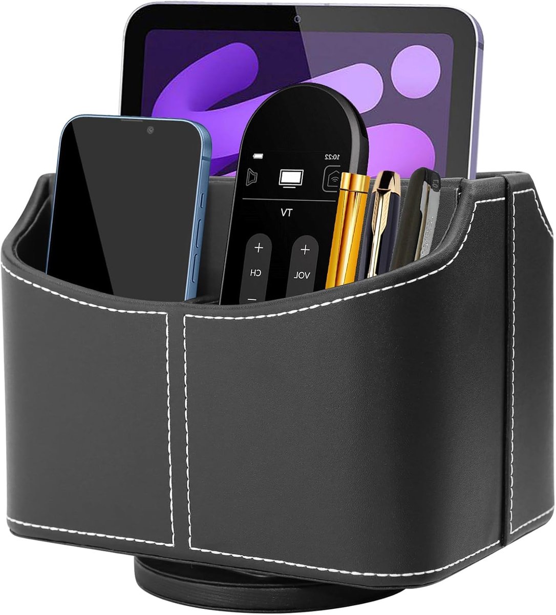 QTTVBTNA -Afstandsbedieninghouder met 5 Vakken – 360° Draaibare Organizer van PU-Leder – Stijlvolle Opbergbox voor TV-Remotes, Telefoon, Bril & Bureau Accessoires – Rechthoekig Zwart