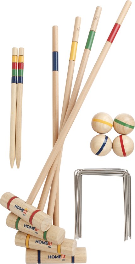 Maillets de croquet en bois avec des bandes de couleur, des boules, des arceaux et deux piquets.