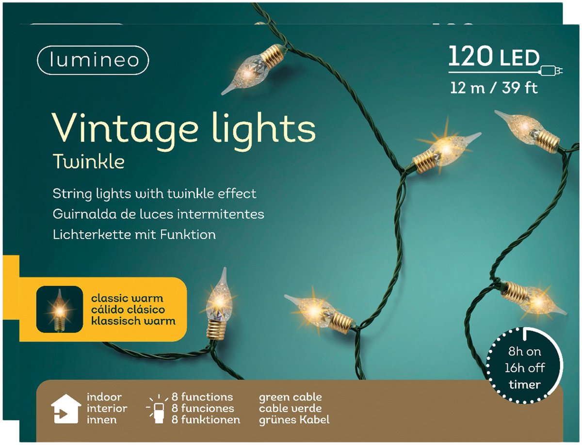 Lumineo Vintage kerstverlichting – 120 led lampjes - 2x - klassiek warm wit – 11,9 meter – kunststof – Lichtsnoer - Sfeerverlichting, kerstlampjes