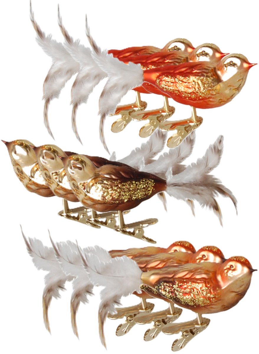 Krebs Kerst vogels - 9x stuks - op clip - bruin tinten - 11 cm - glass - Decoratievogeltjes - Kerstboomversiering