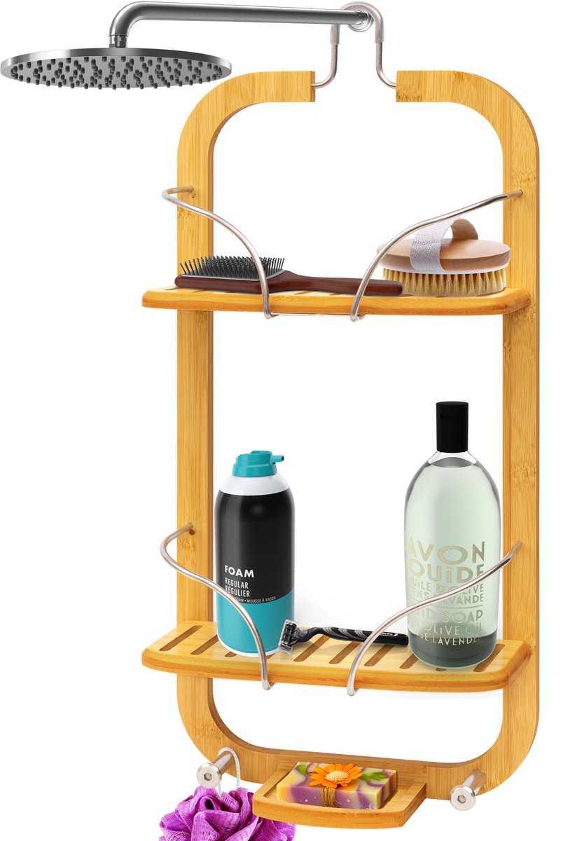 SereneLife Doucherek voor over Douchekop – 3 Laags Hangend Bamboe Doucherek – Antislip Ontwerp – Douchemandje voor Shampoo, Zeep en Badkamerbenodigdheden
