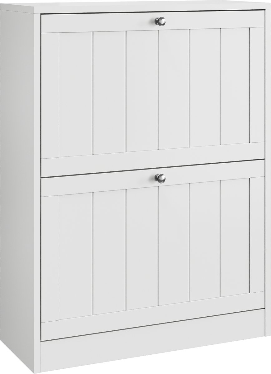 Merax Schoenenkast 60 cm – Vrijstaande Witte Schoenenkast met 2 Klepdeuren – Smalle Opbergkast voor Hal en Gang – Mid-Century Modern