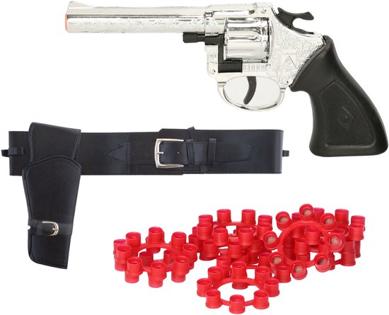 Wicke Cowboy en politie verkleed speelgoed revolver of pistool - met 192 plaffertjes - wapens - 8-schots ringen - holster riem zwart