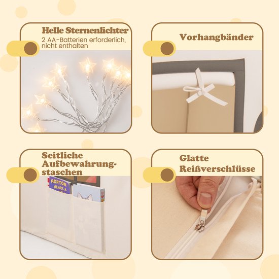 COSTWAY Speelhuis voor kinderen, indoor, kindertent met sterrenlichten en gevoerde mat, speeltent met deurgordijn en ramen, kinderspeelhuis voor jongens en meisjes vanaf 3 jaar (beige + bruin) van COSTWAY — afbeelding 5
