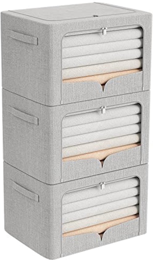 BigPonPon 4-pack opvouwbare beddengoedset, organizers en opslag (super kingsize), opvouwbare beddengoed opbergdoos met venster, lakenset, maphouder voor lakens, deken organizer, beige (CDSNX