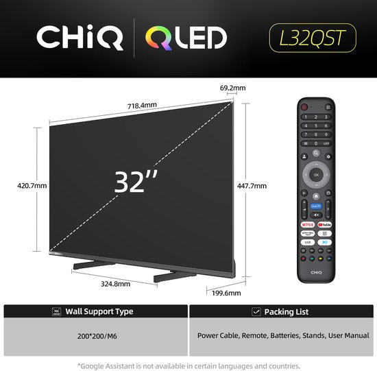 CHIQ QLED TV L32QST 32 inch met afmetingen en afstandsbediening. Bevestigingsmethode: 200x200/M6.