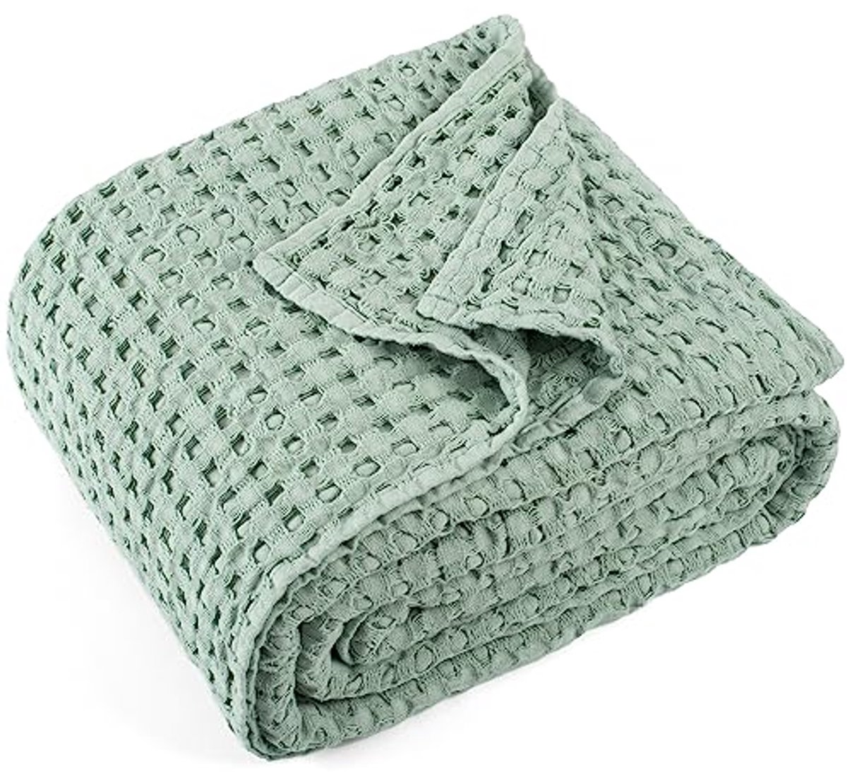Image of 100% Katoenen Wafel Weave Deken – Ademend en Thermisch – Zachte en Gezellige Plaid voor Alle Seizoenen – Saliegroen 127 x 152 cm