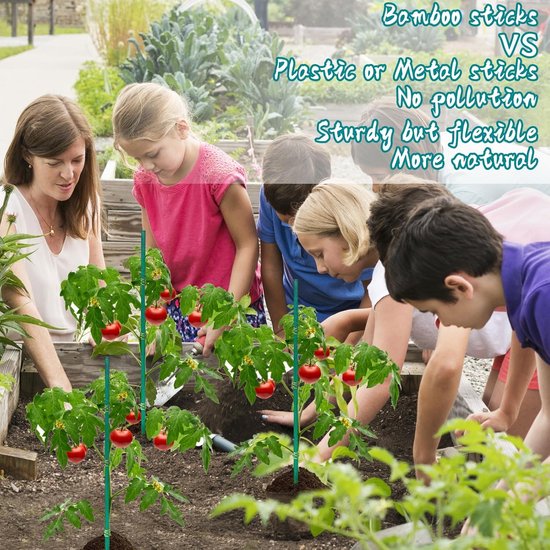 Groep mensen in een tuin, met tekst over bamboe versus plastic of metalen stokken.