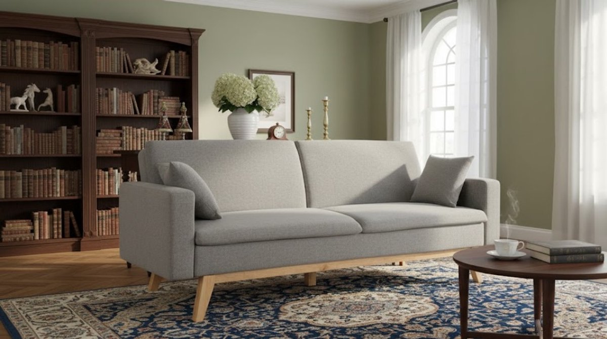 Nordic Luxe 3-Zits Slaapbank met Opbergruimte – Scandinavisch Design – Lichtgrijs – Bank en Bed in Eén – Comfortabel Klik-Klak Systeem – Inclusief Kussens – Dikke Zitting – Stevige Houten Poten – 220 kg Draagkracht – Ganeey
