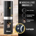 Zwarte elektrische pepermolen met zilveren band, transparante ruimte voor peperkorrels, aan/uit knop, en een lampje aan de onderkant.
