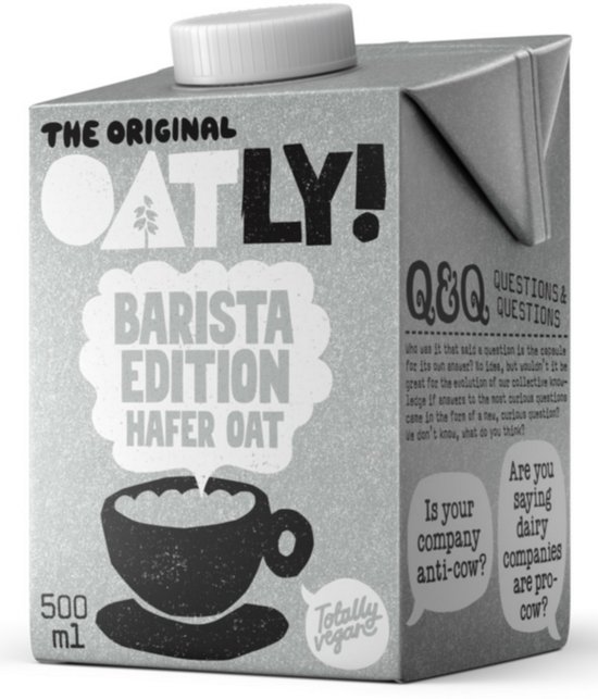 Grijze verpakking Oatly Barista Edition havermelk 500ml met een illustratie van een koffiekopje en tekst.